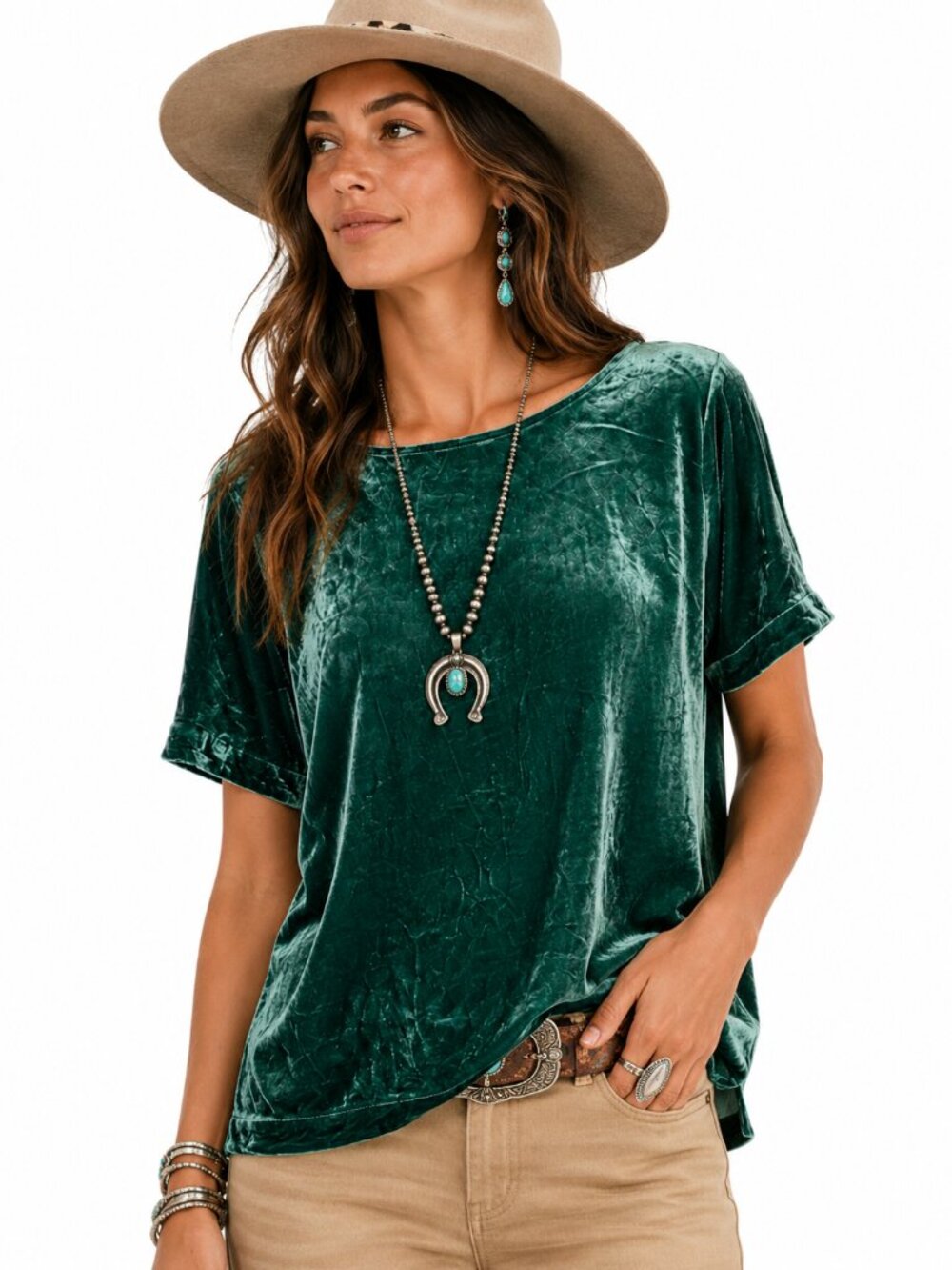 Sundance Short Sleeve Velvet Top Green Silk Blend Classic Versatile Boho Size PM